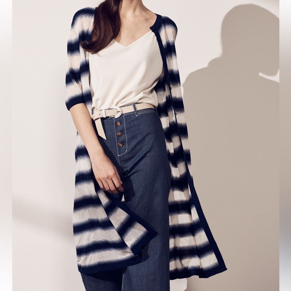 Lafayette 148 Striped Button Front Fine Spun Silk Blend Duster Cardigan